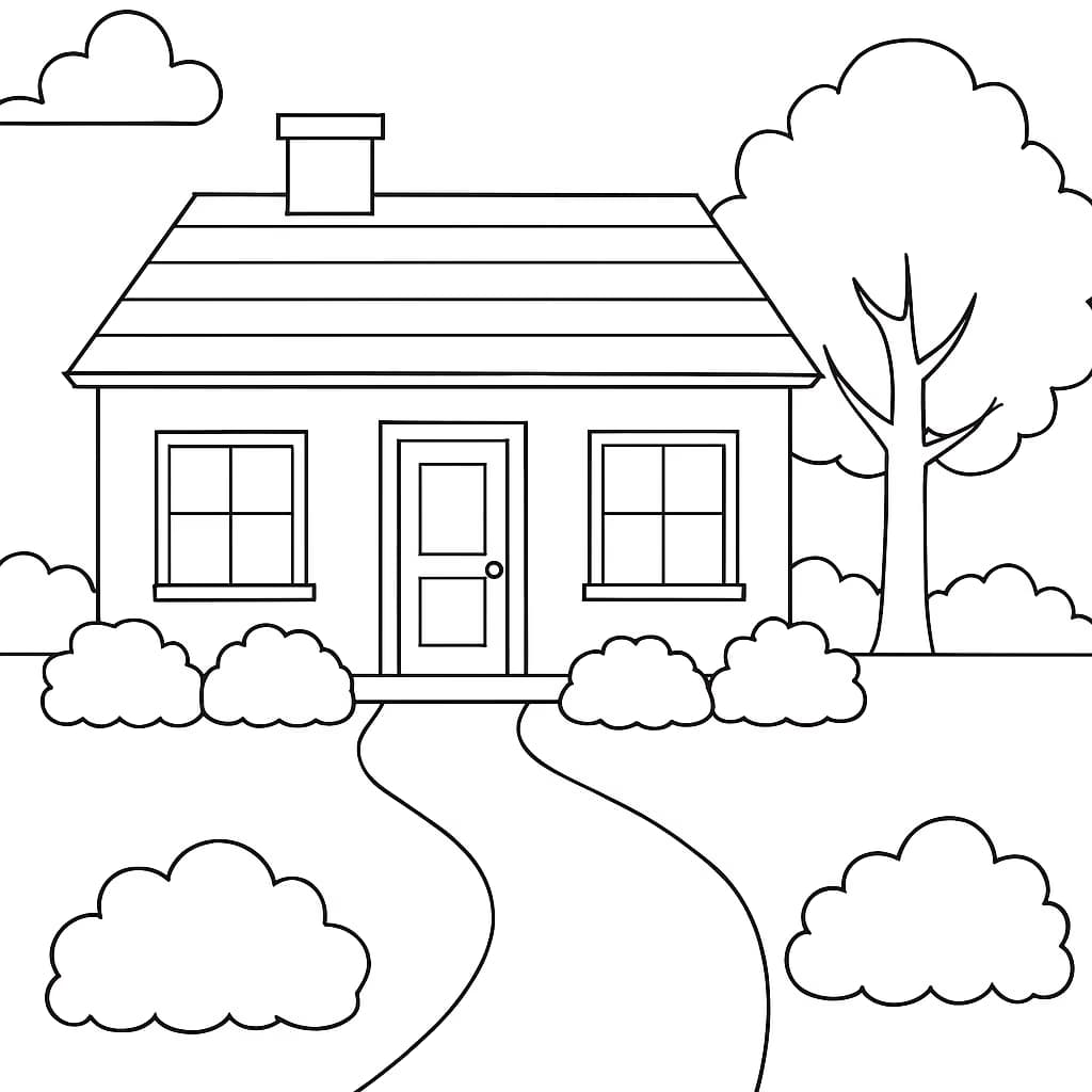 House Coloring Pages: Suburban Home with Yard