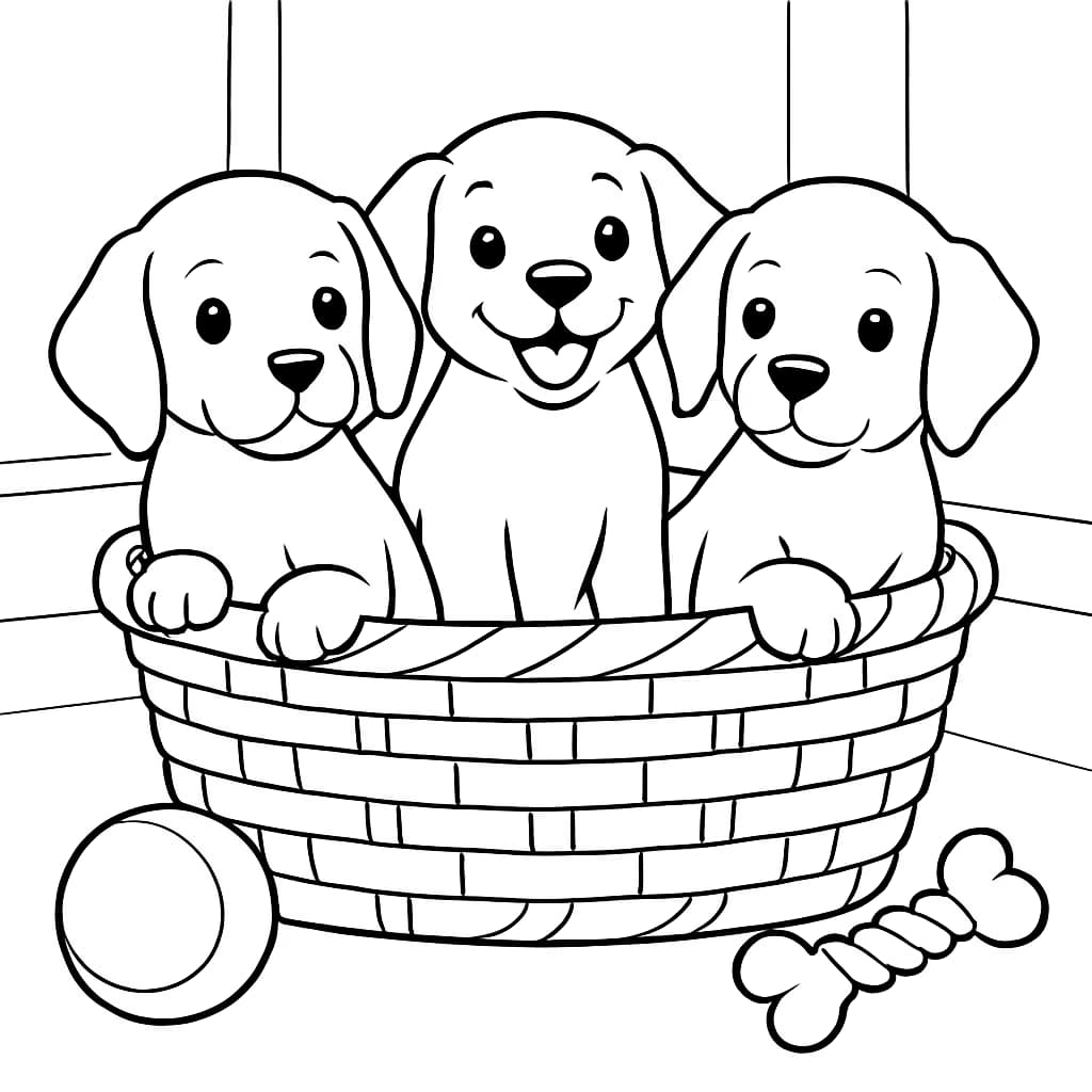 Pages de coloriage de chiens - Chiots dans un panier