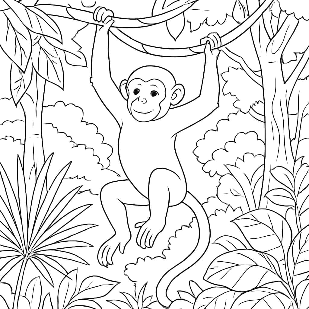 Páginas de colorir de macaco — Macaco balançando na selva