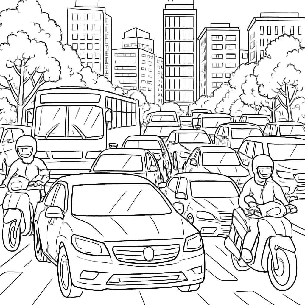 자동차 색칠하기 페이지 - 교통 체증 장면