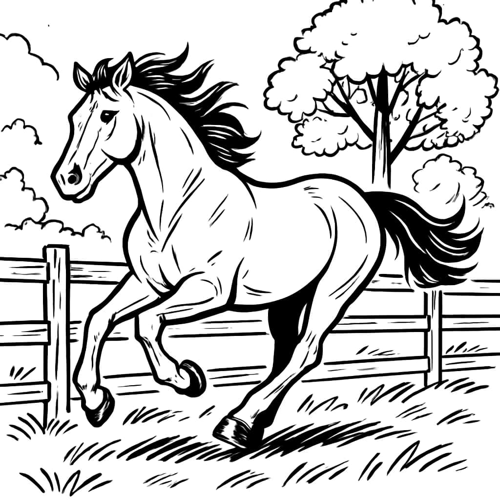 马主题涂色页|奔跑的马与篱笆涂色页