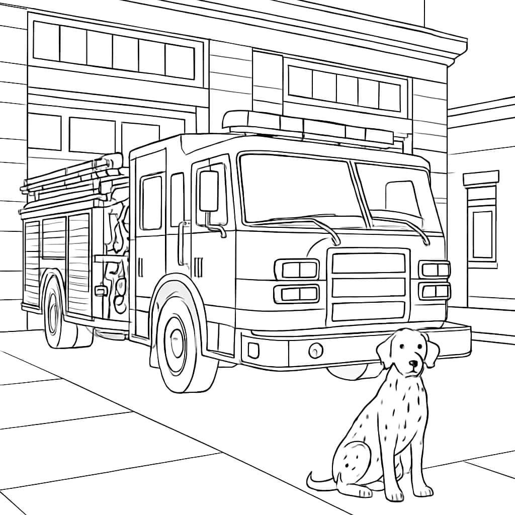 消防車ぬりえページ|レスキュードッグと消防署のシーン