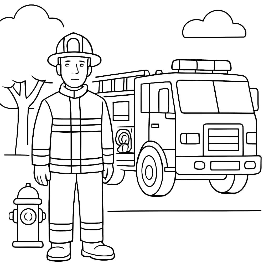 消防员涂色页:消防车与消防员