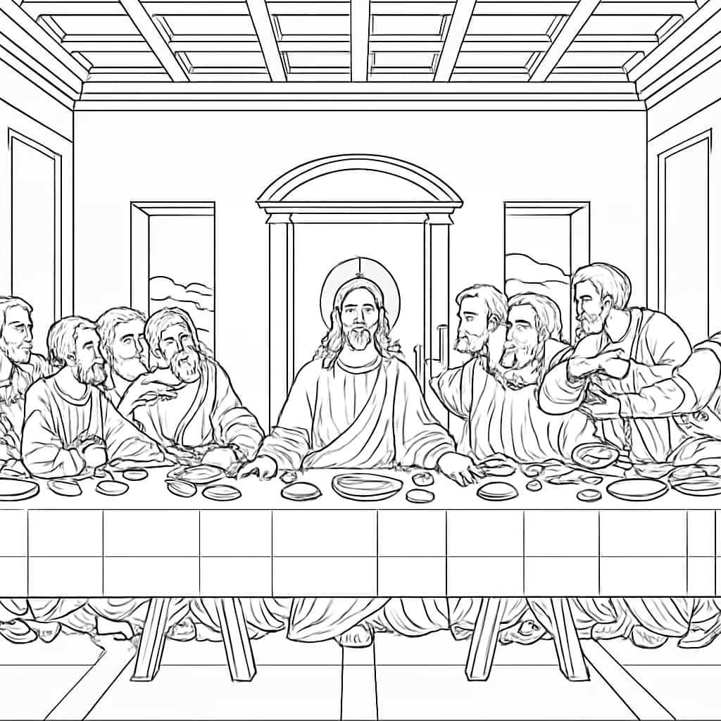 Pagine da colorare di Gesù - L’Ultima Cena complessa per adulti