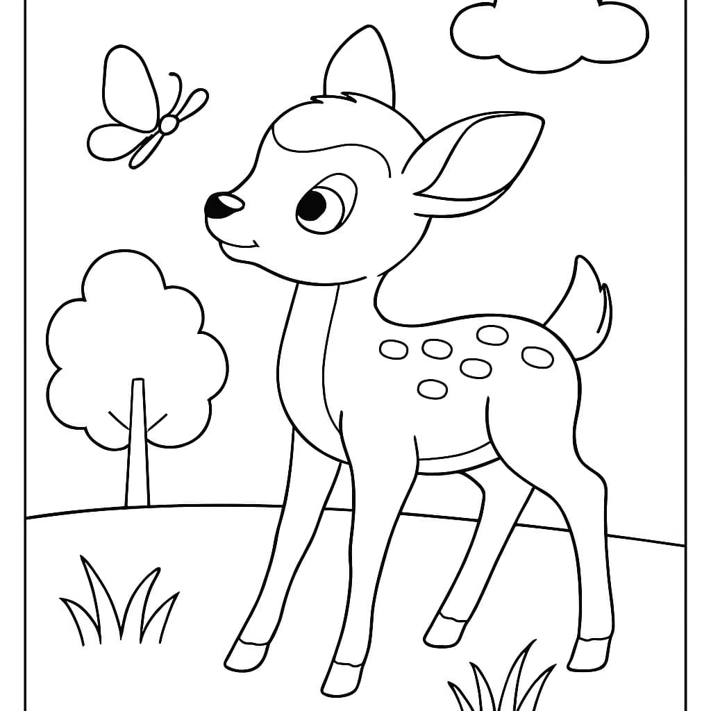 Deer Coloring Pages – Baby Deer with Butterfly for Kids