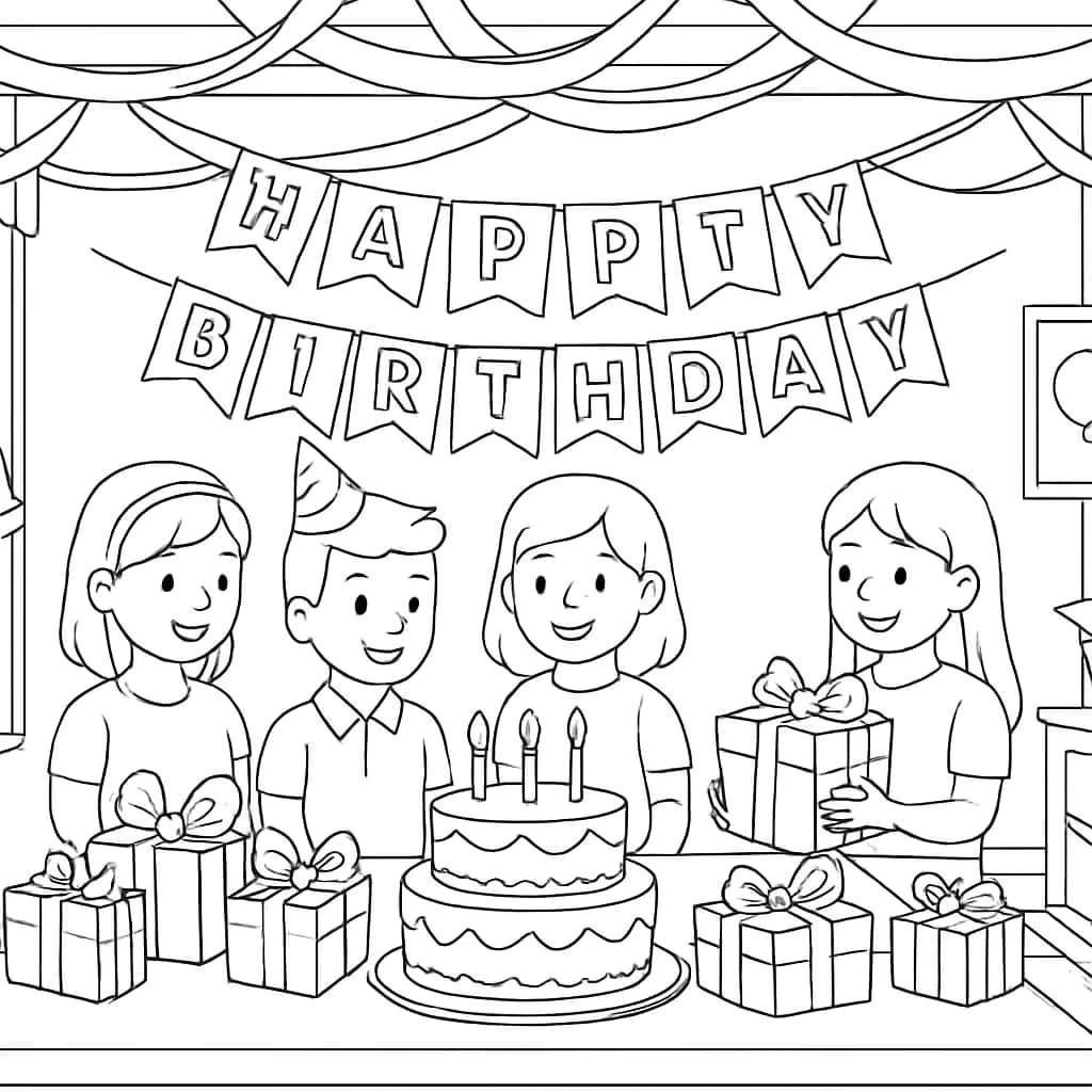 Página para colorear de feliz cumpleaños: escena de habitación festiva