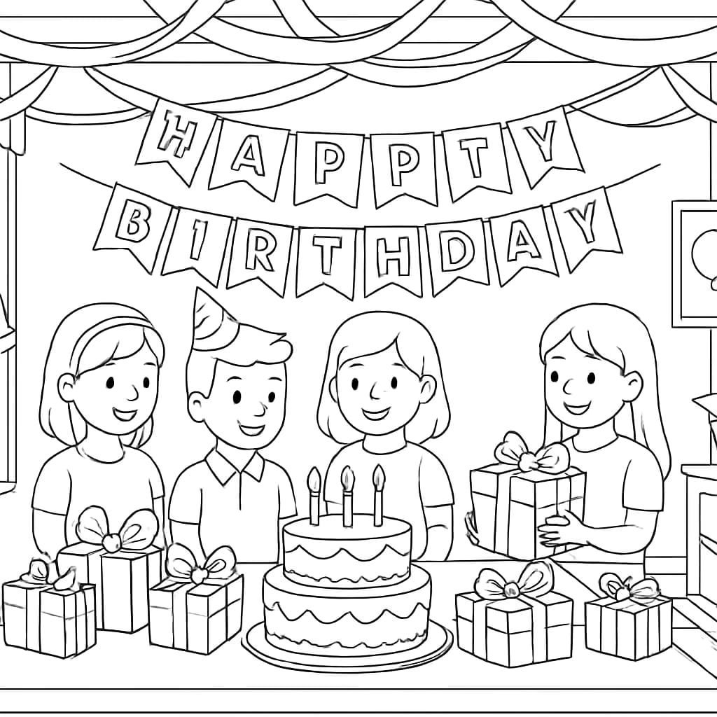 Página para colorear de feliz cumpleaños: escena de habitación festiva