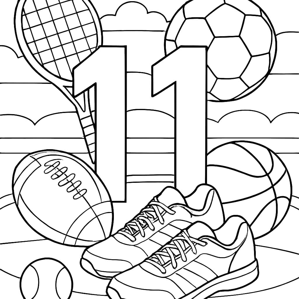 數字涂色頁:運動主題的十一號涂色頁
