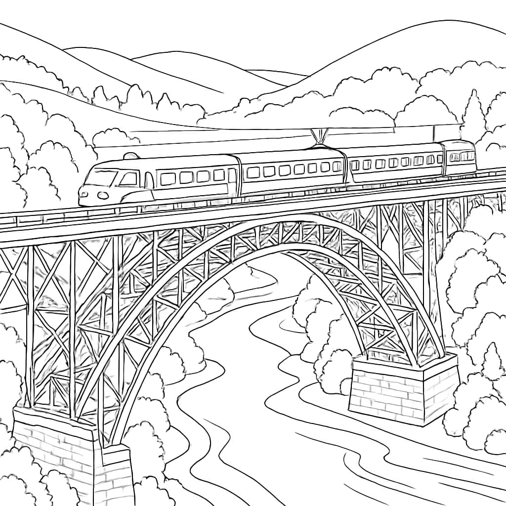 Train Coloring Pages – Train Crossing Bridge Printable