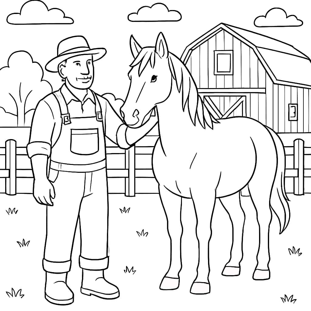 Farm Coloring Pages - Farmer and Horse
