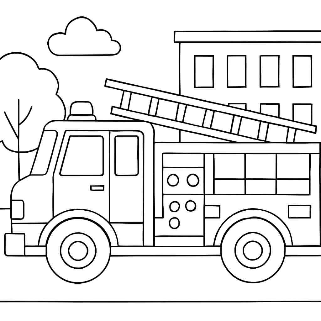 消防車ぬりえページ(はしご付きサイドビュー)