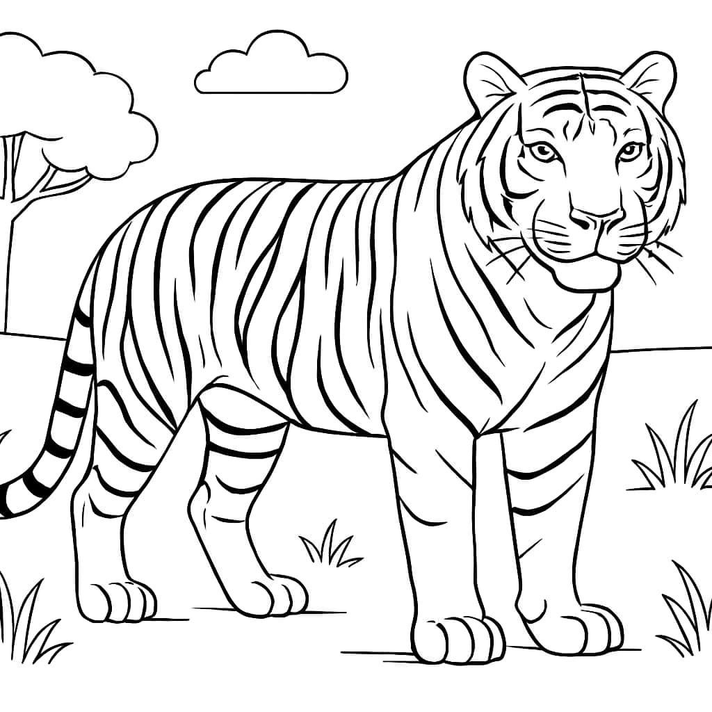 Páginas para colorear de tigres: Tigre en la hierba para niños