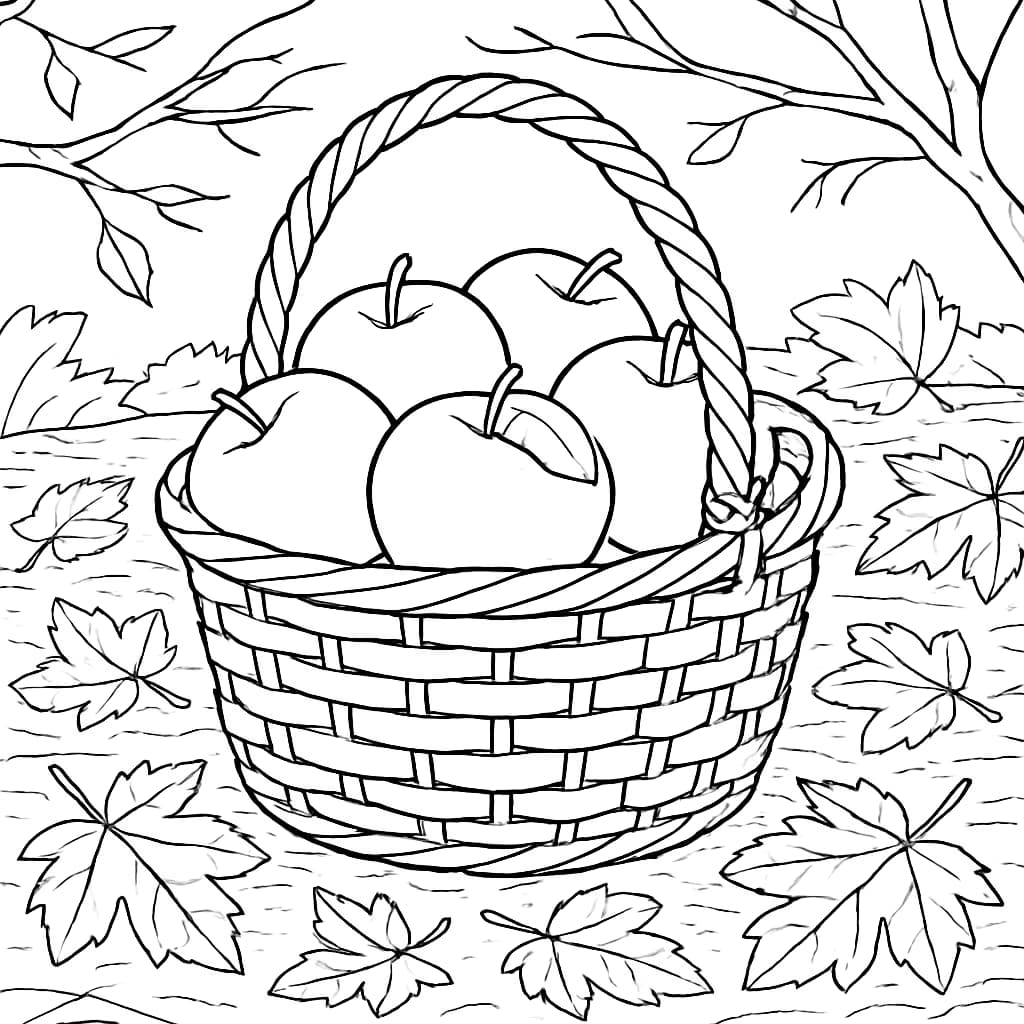 Página para colorir de maçã: Cesta de maçãs com folhas de outono