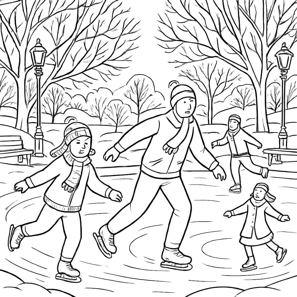 Pages de coloriage d'hiver - Patinage sur glace au parc
