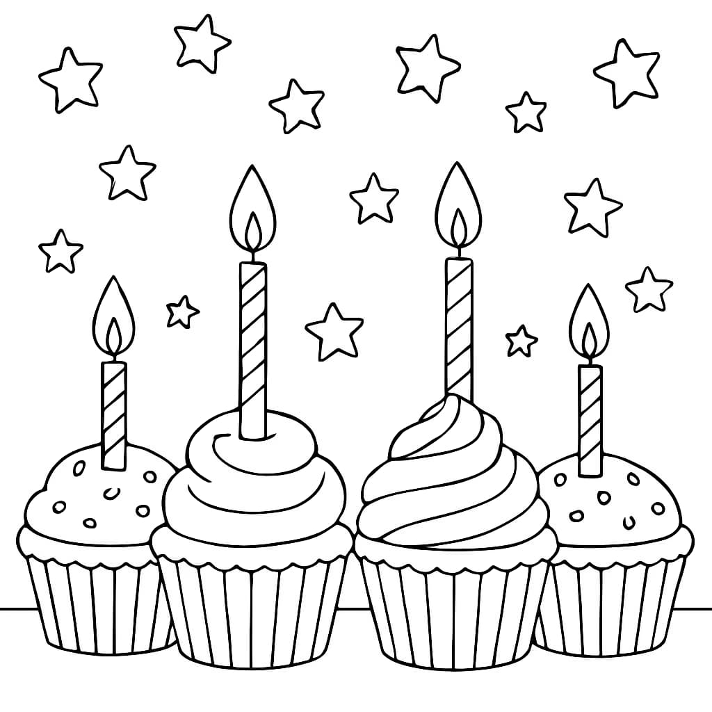 Página para colorear de feliz cumpleaños: fila de cupcakes