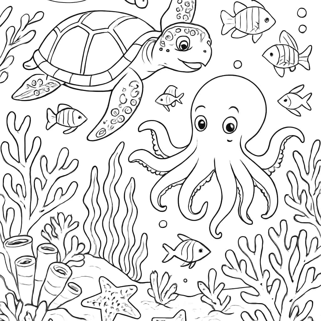 Páginas para Colorear de Animales: Escena de Animales Submarinos