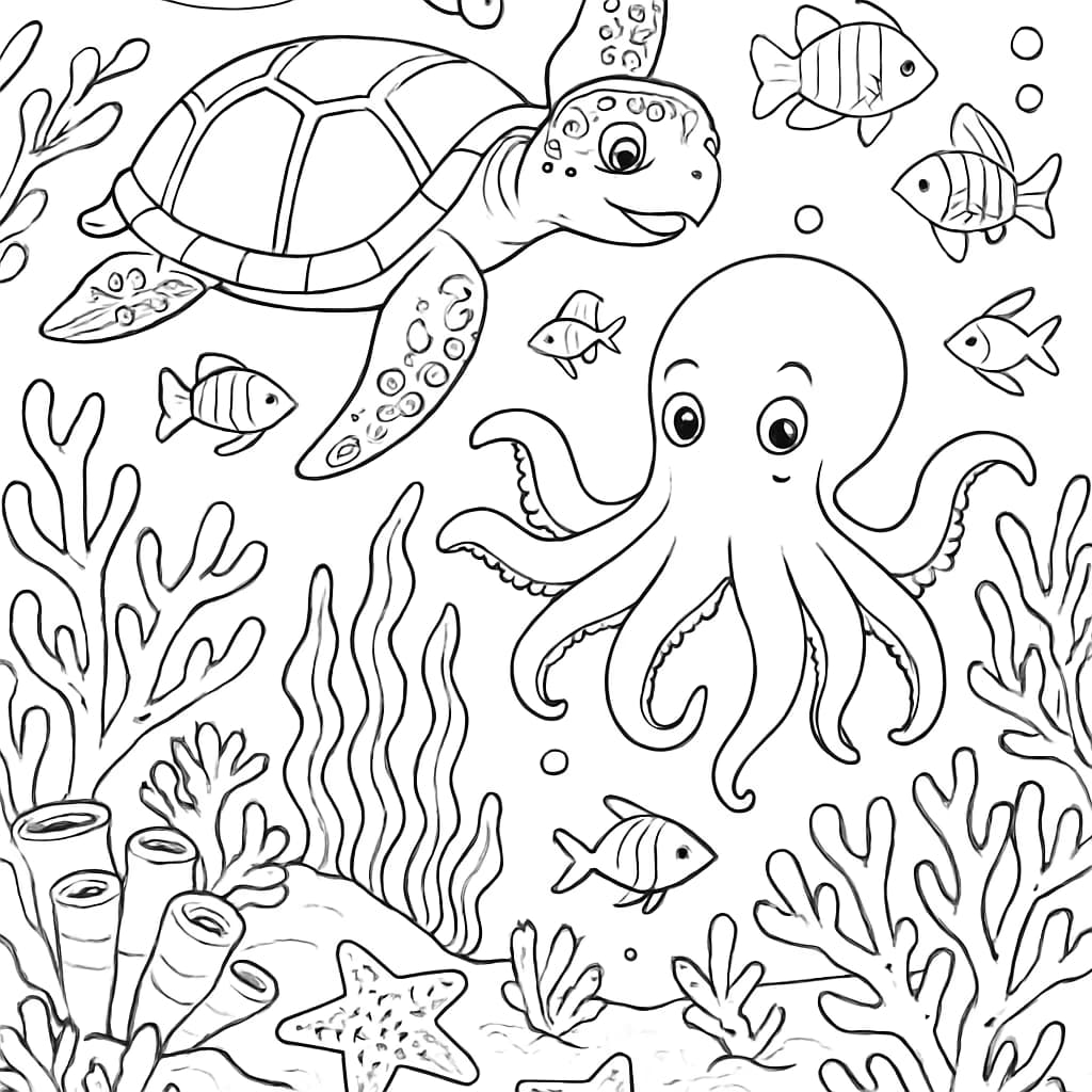 Páginas para Colorear de Animales: Escena de Animales Submarinos