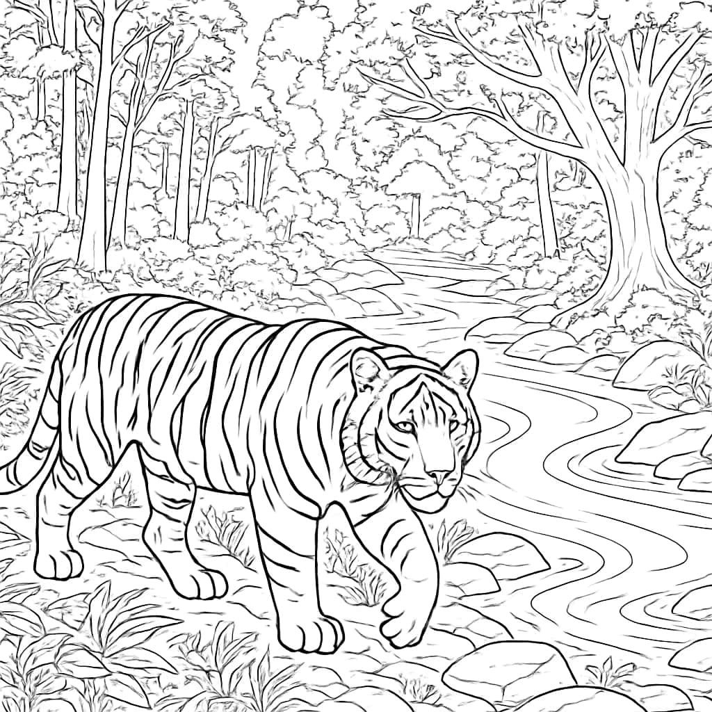 Páginas para colorear de tigres: Tigre en el bosque junto al río