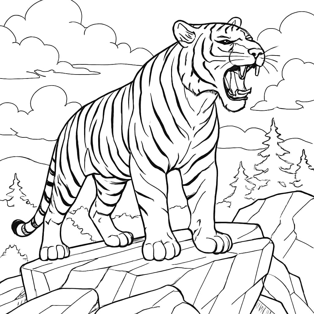 Páginas para colorear de tigres: Tigre rugiendo en la montaña