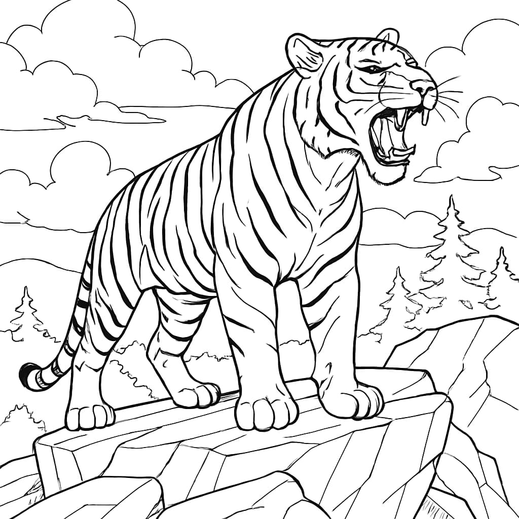 Páginas de colorir de tigre – Tigre rugindo na montanha
