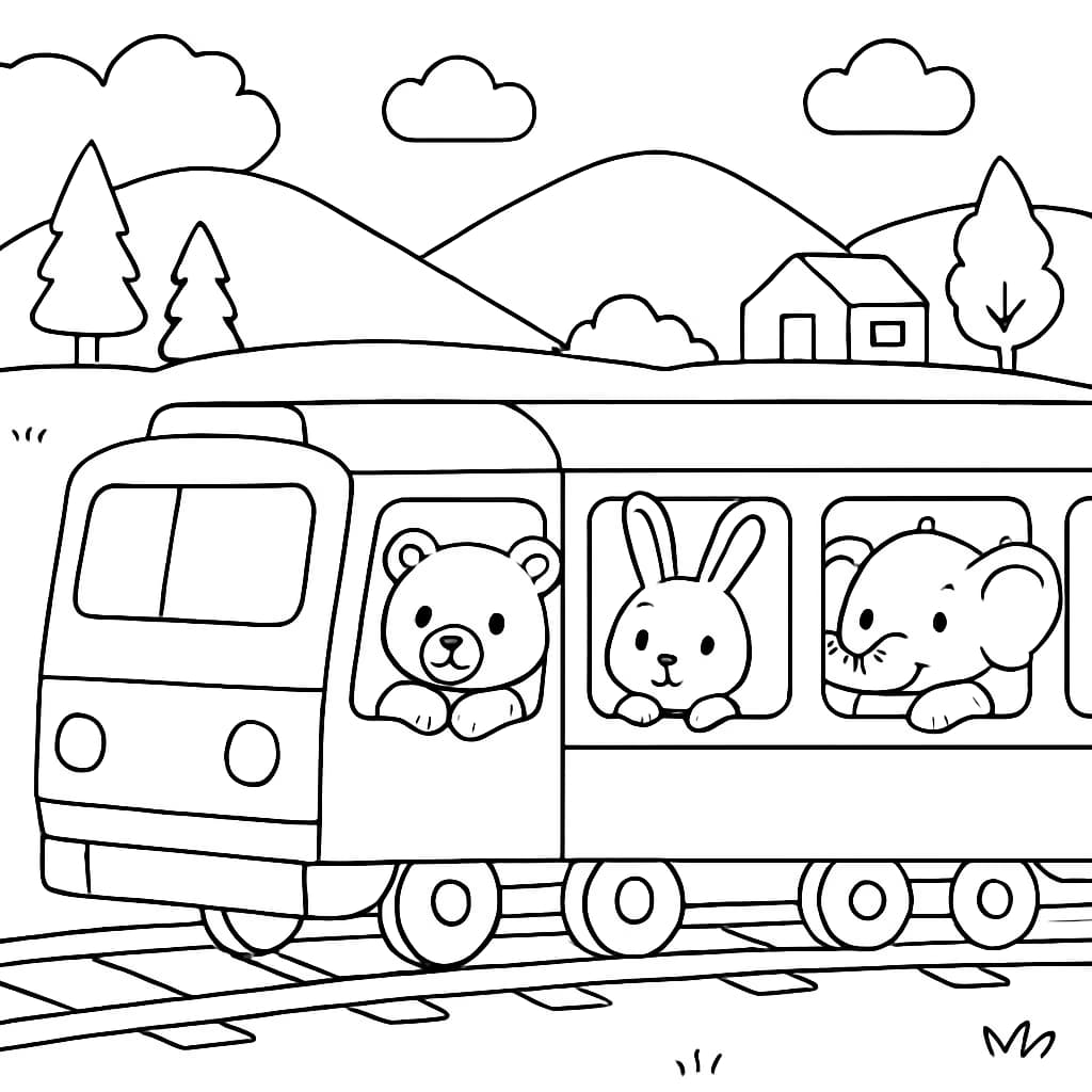 Train Coloring Pages – Train with Animal Passengers Coloring Page