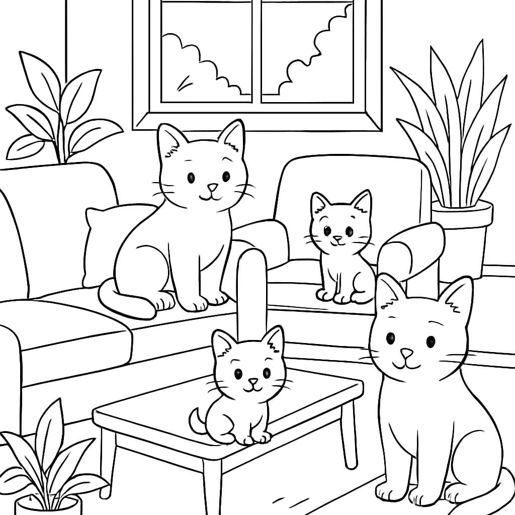 고양이 색칠하기 페이지 - 집에서의 고양이 가족