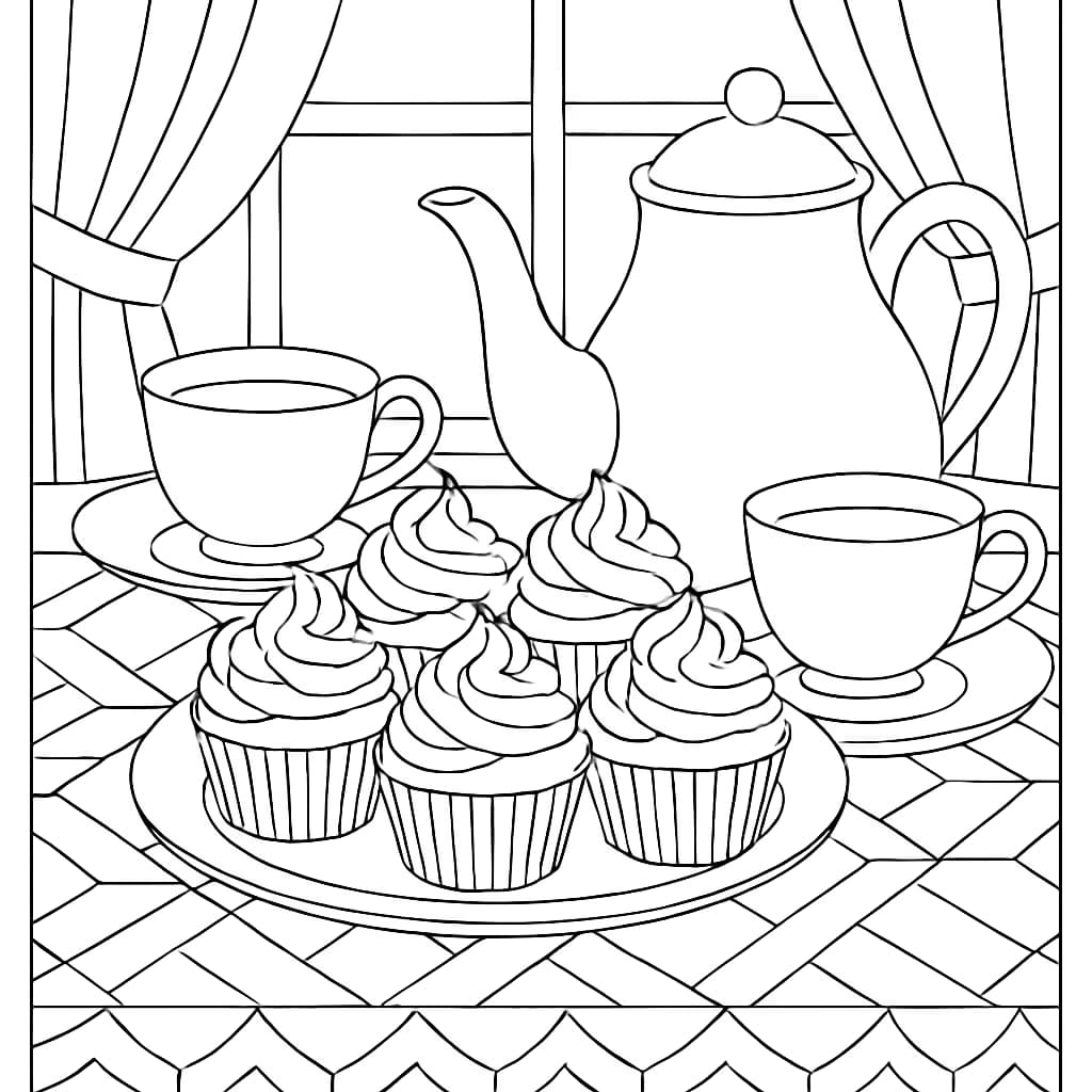 杯子蛋糕涂色页:茶具与甜点主题