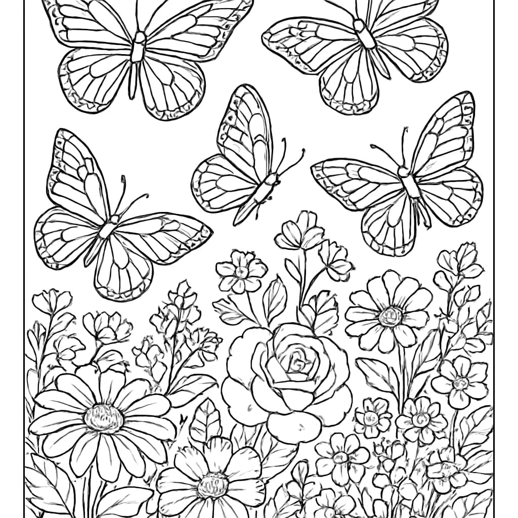 Pages de coloriage d’insectes – Papillons dans le jardin
