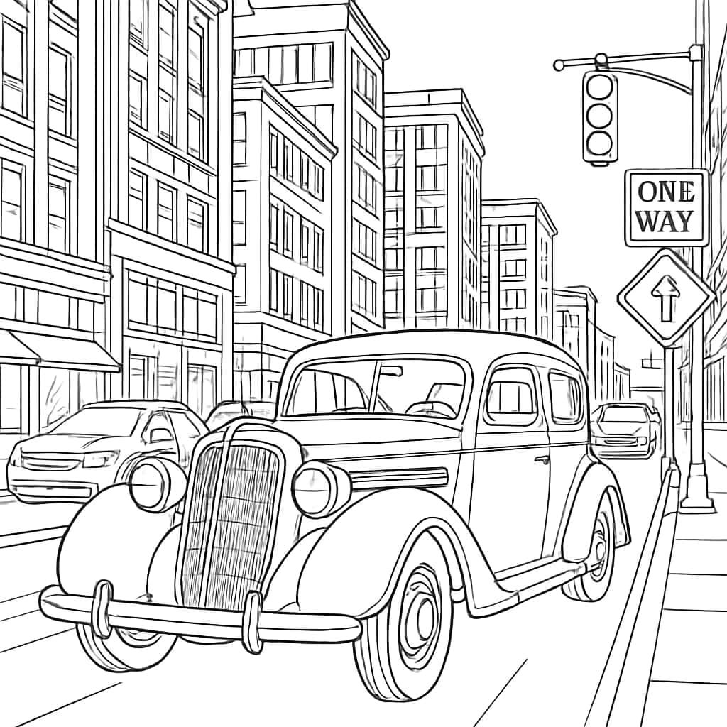 자동차 색칠공부 페이지 - 빈티지 자동차와 도시 풍경