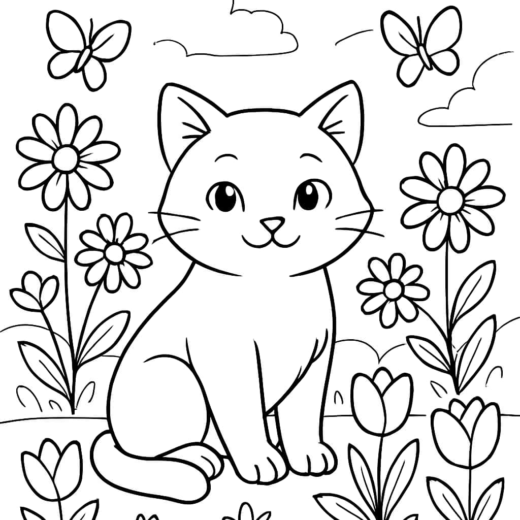 고양이 색칠 공부 페이지 | 정원 속 고양이