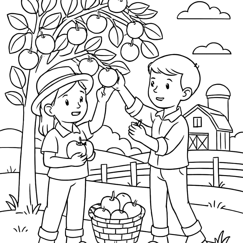 蘋果涂色頁:摘蘋果農場場景