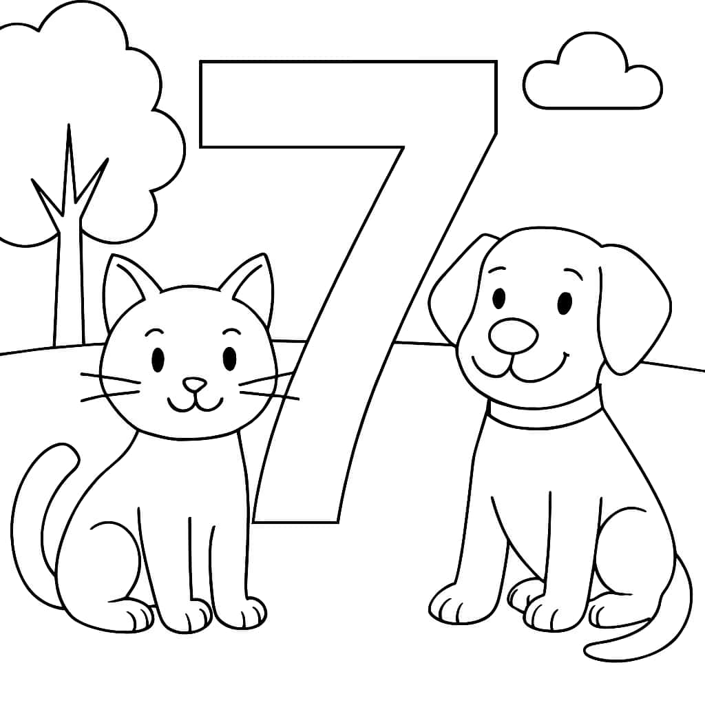 數字涂色頁:七號與動物朋友涂色紙