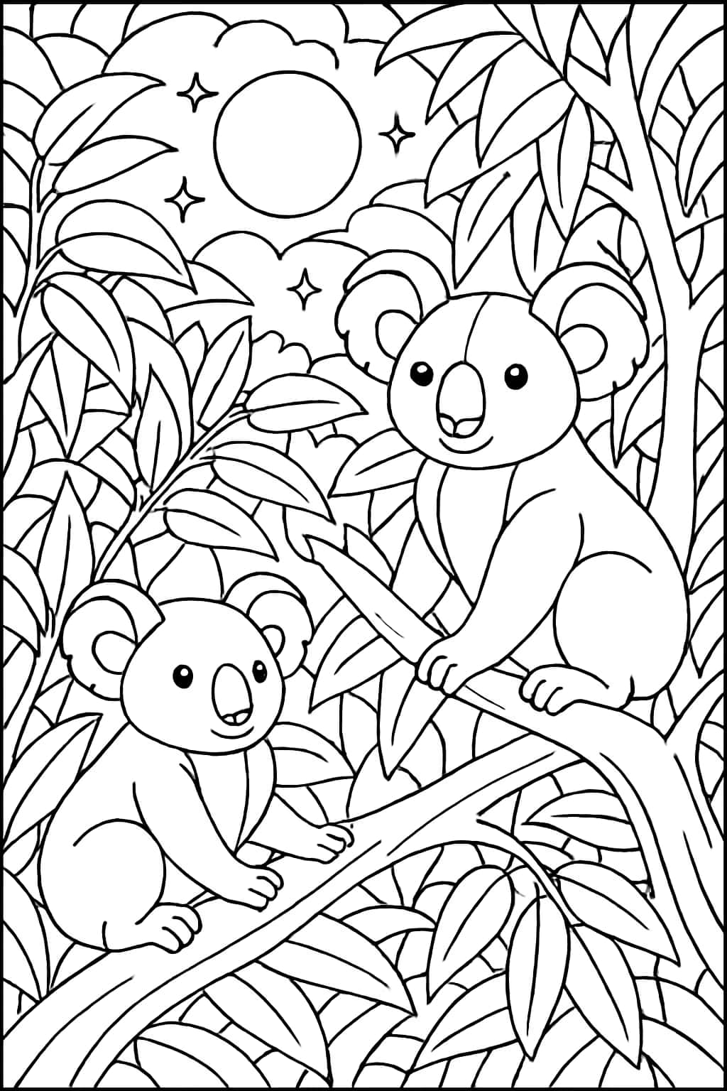 Koala Coloring Pages - Koalas in Night Forest Coloring Page