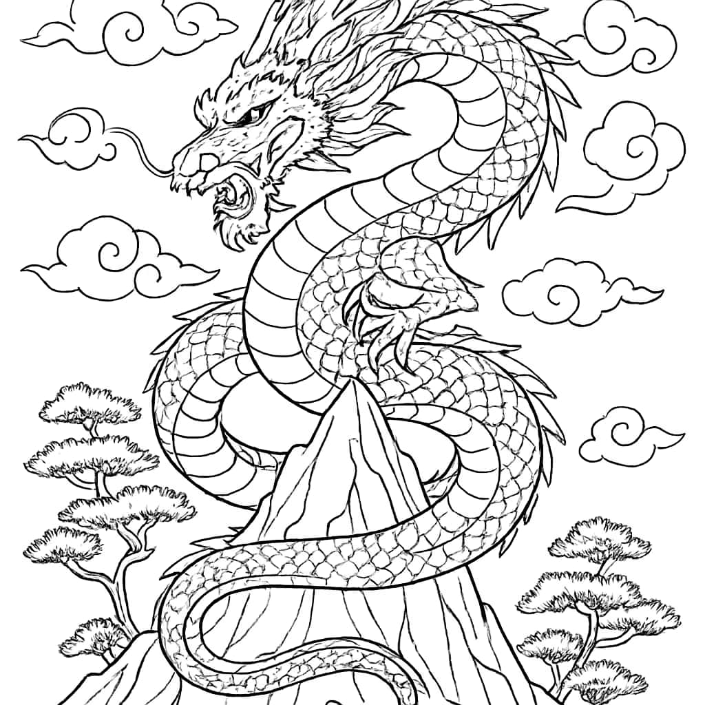 드래곤 색칠공부 페이지 - 산 위의 동양풍 드래곤