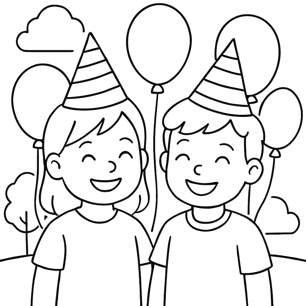 Página para colorear de feliz cumpleaños: Sombreros de fiesta y amigos