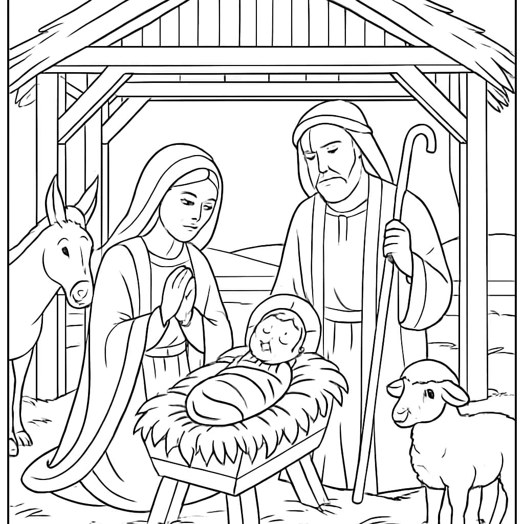 Pages de coloriage Jésus – Scène de la Nativité à imprimer