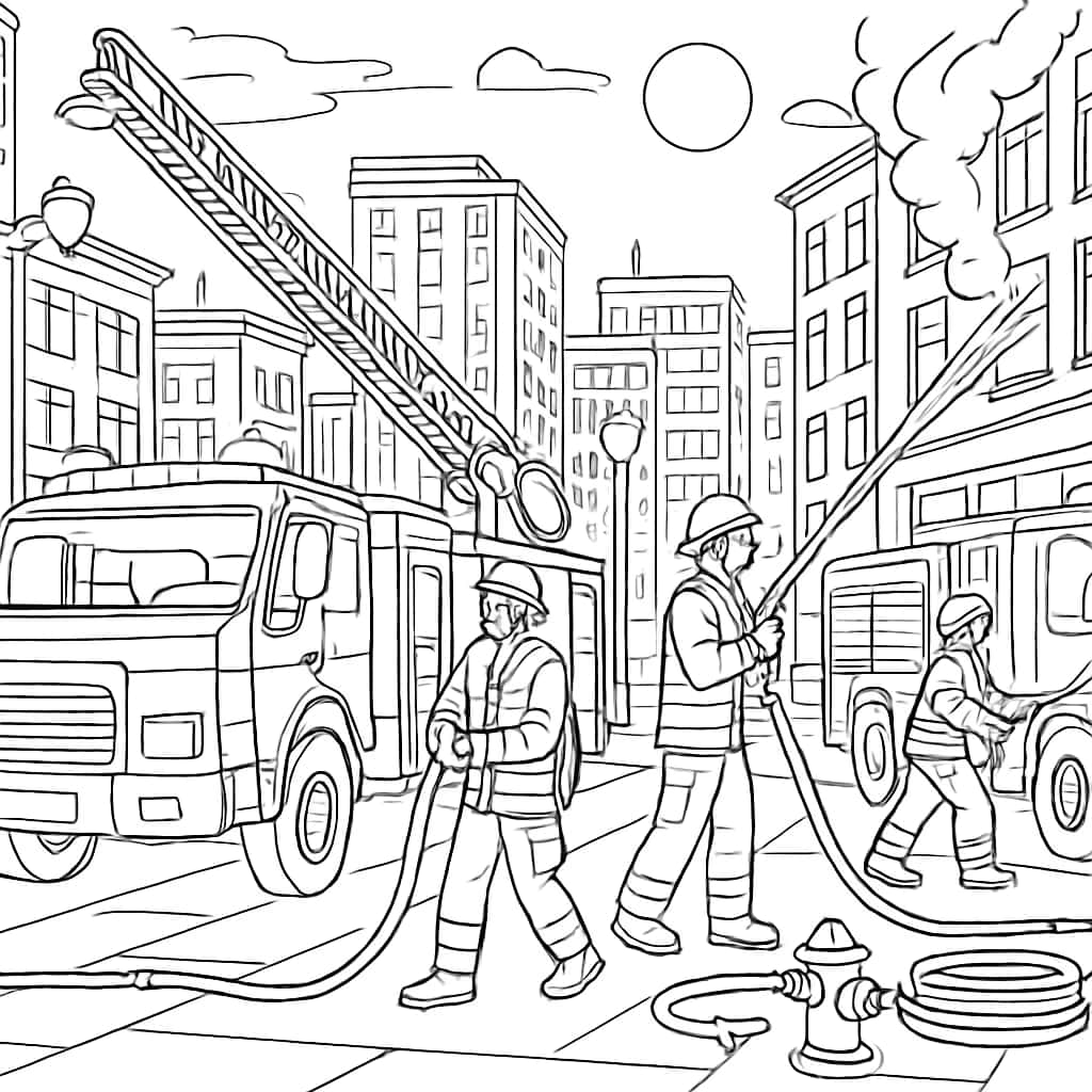 消防車ぬりえページ 夜間救助シーン