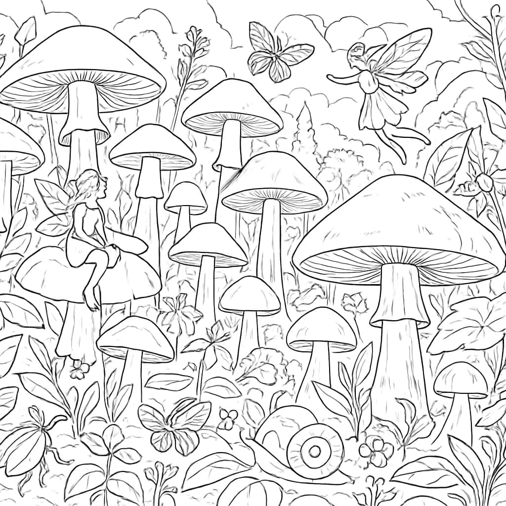 Pages de coloriage champignon - Paysage fantastique pour adultes