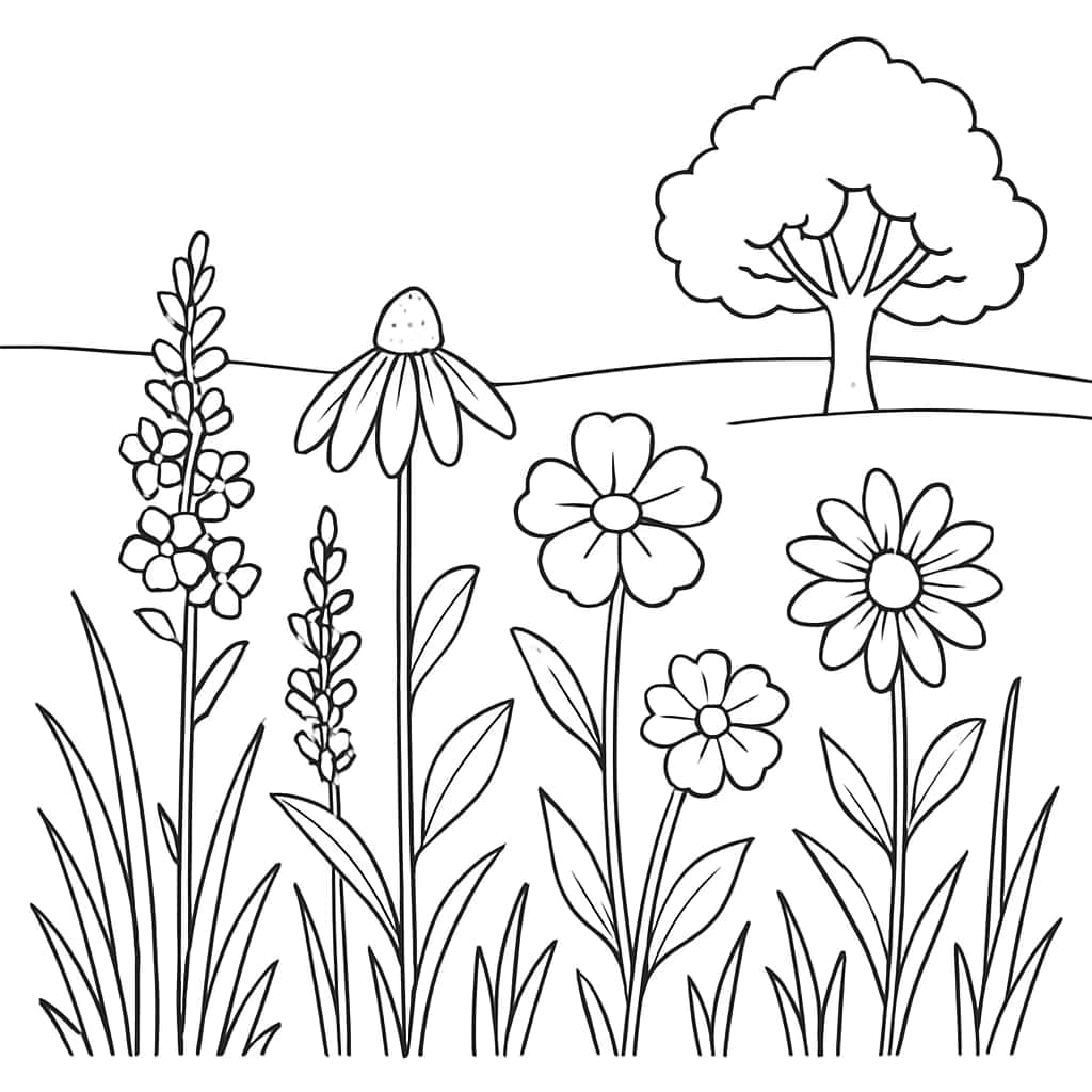 花卉涂色页|野花草甸中等难度涂色页