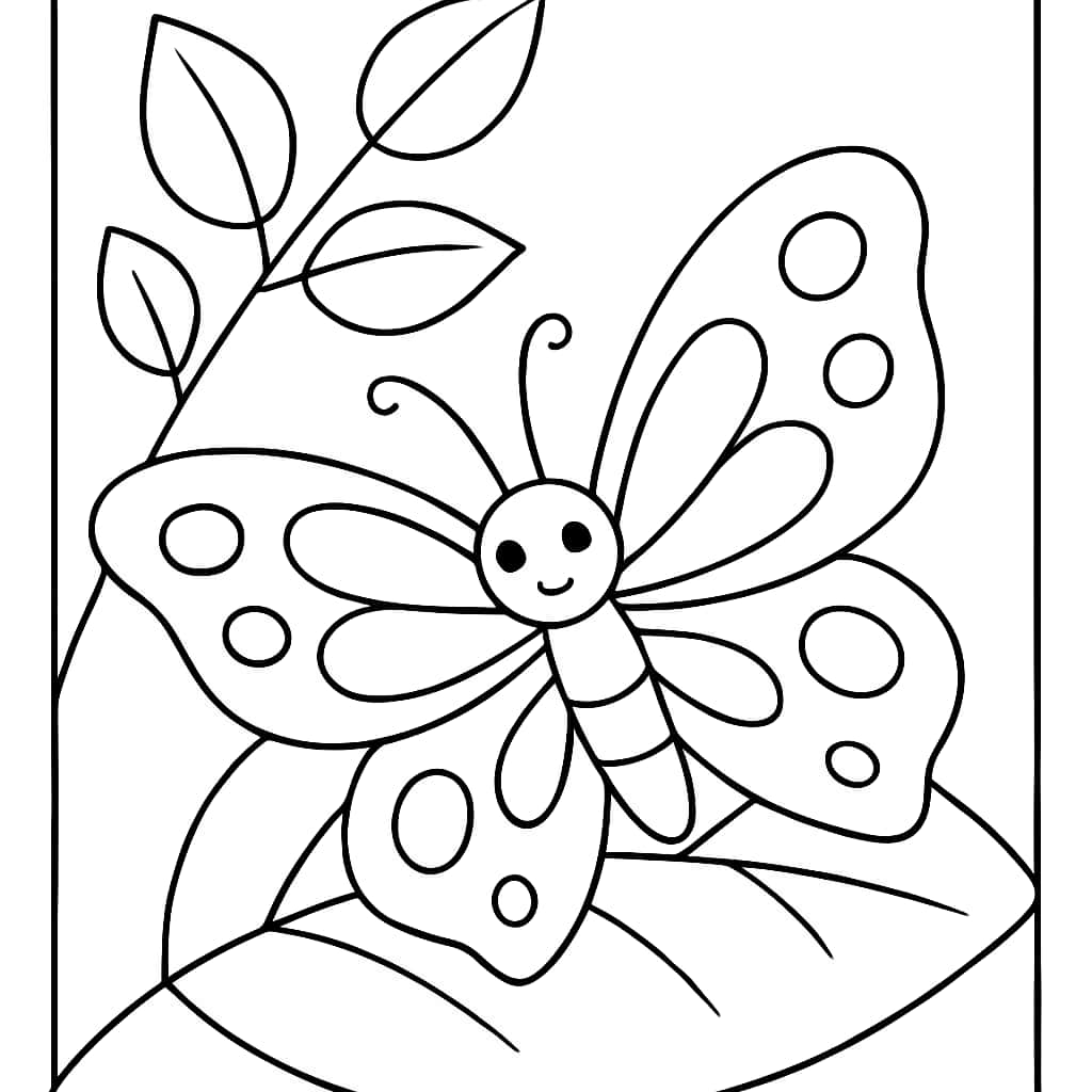 蝴蝶涂色页:蝴蝶停在葉子上