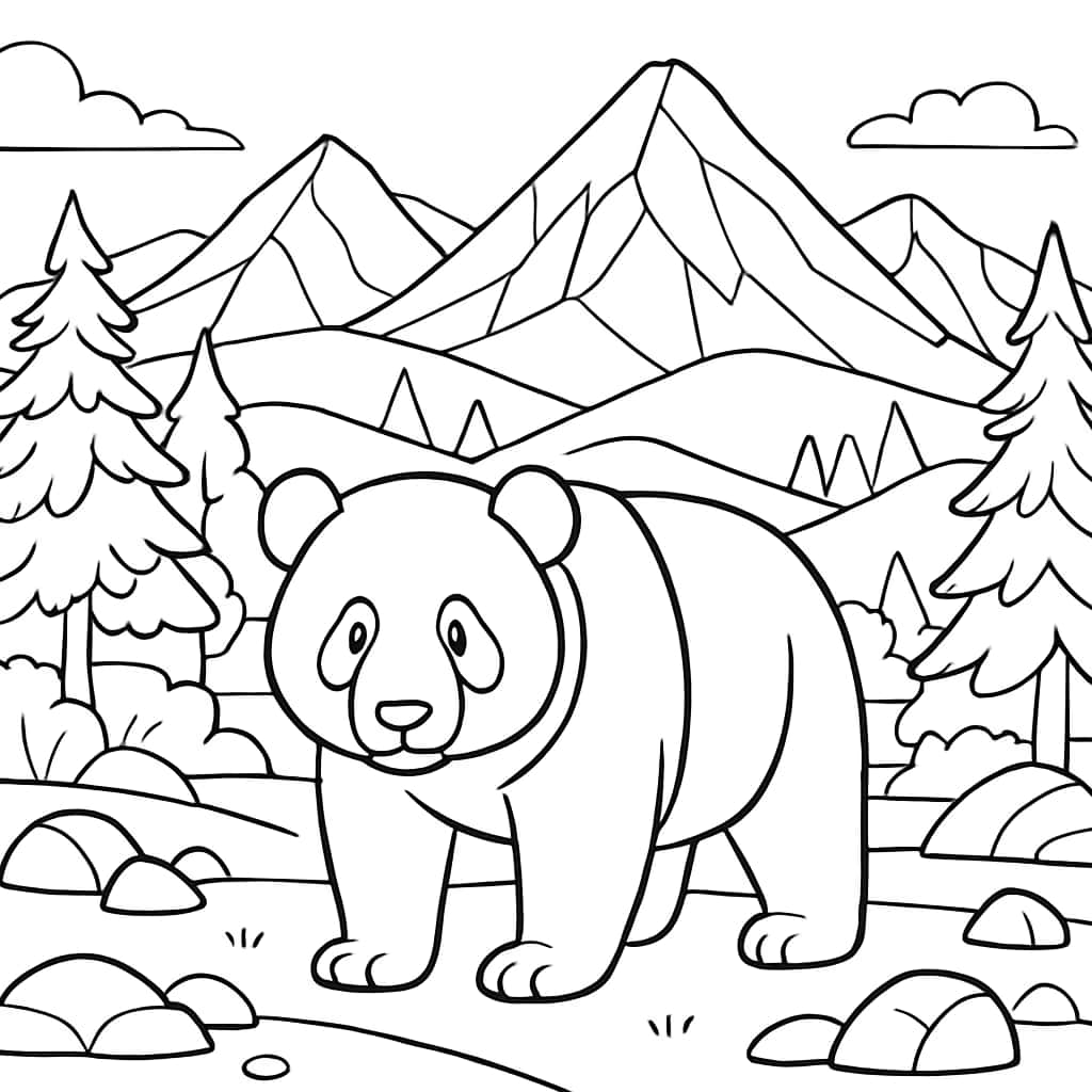 Panda Coloring Pages - Panda in Mountain Landscape Printable