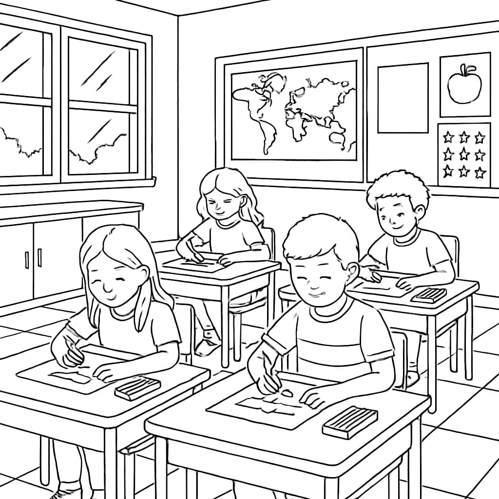 クレヨンぬりえページ:教室のアートシーン