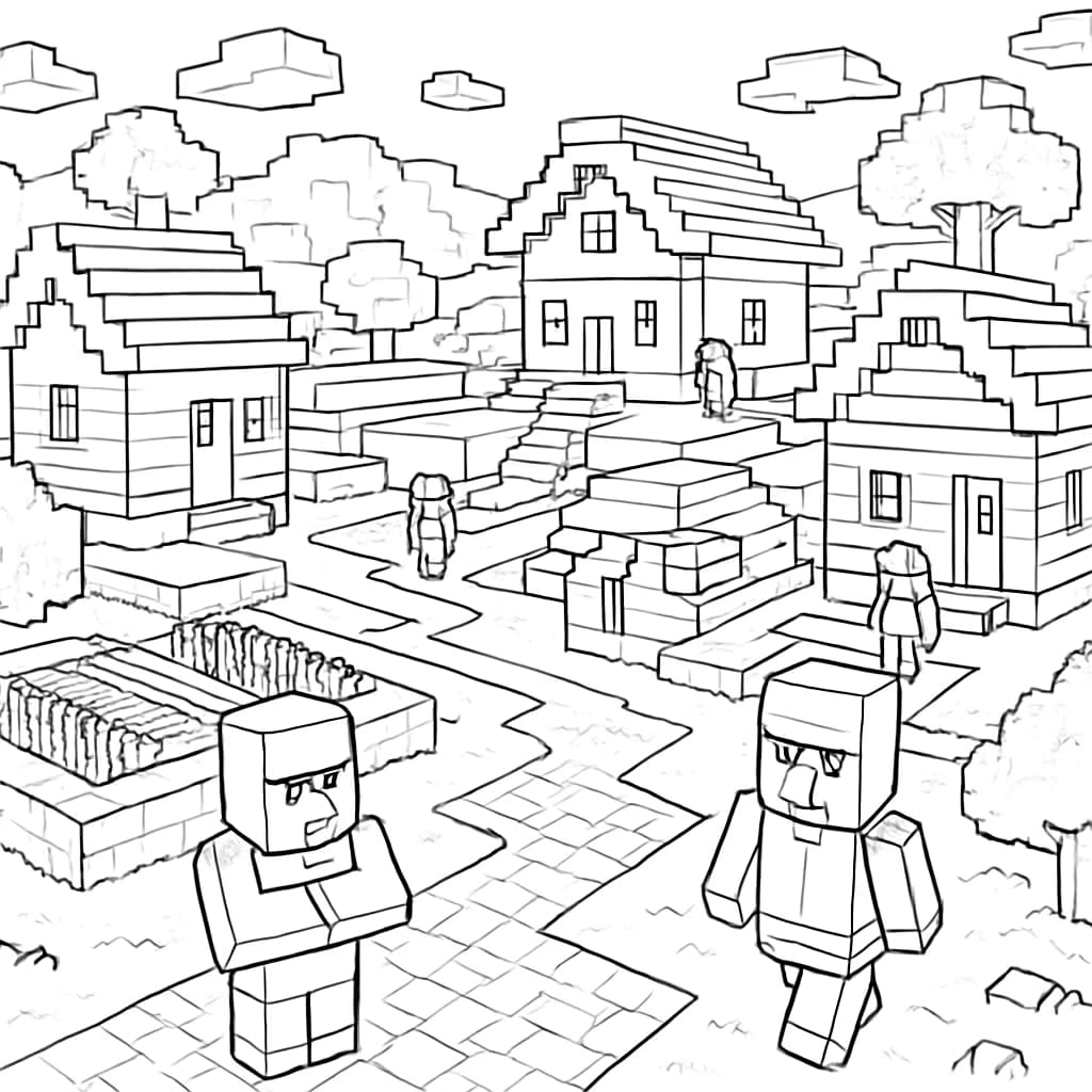 Minecraft Coloring Pages – Village Overview for Teens