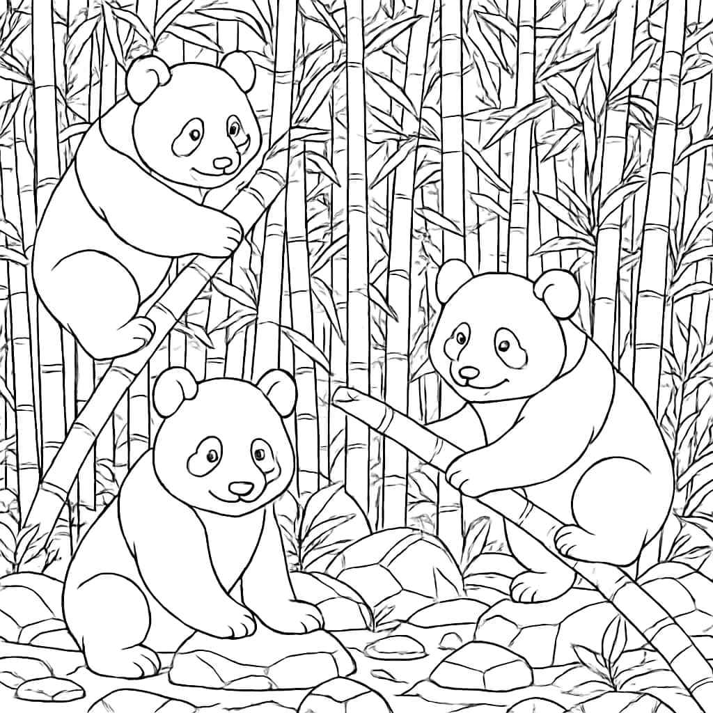 Panda Coloring Pages - Pandas Playing in Bamboo Garden