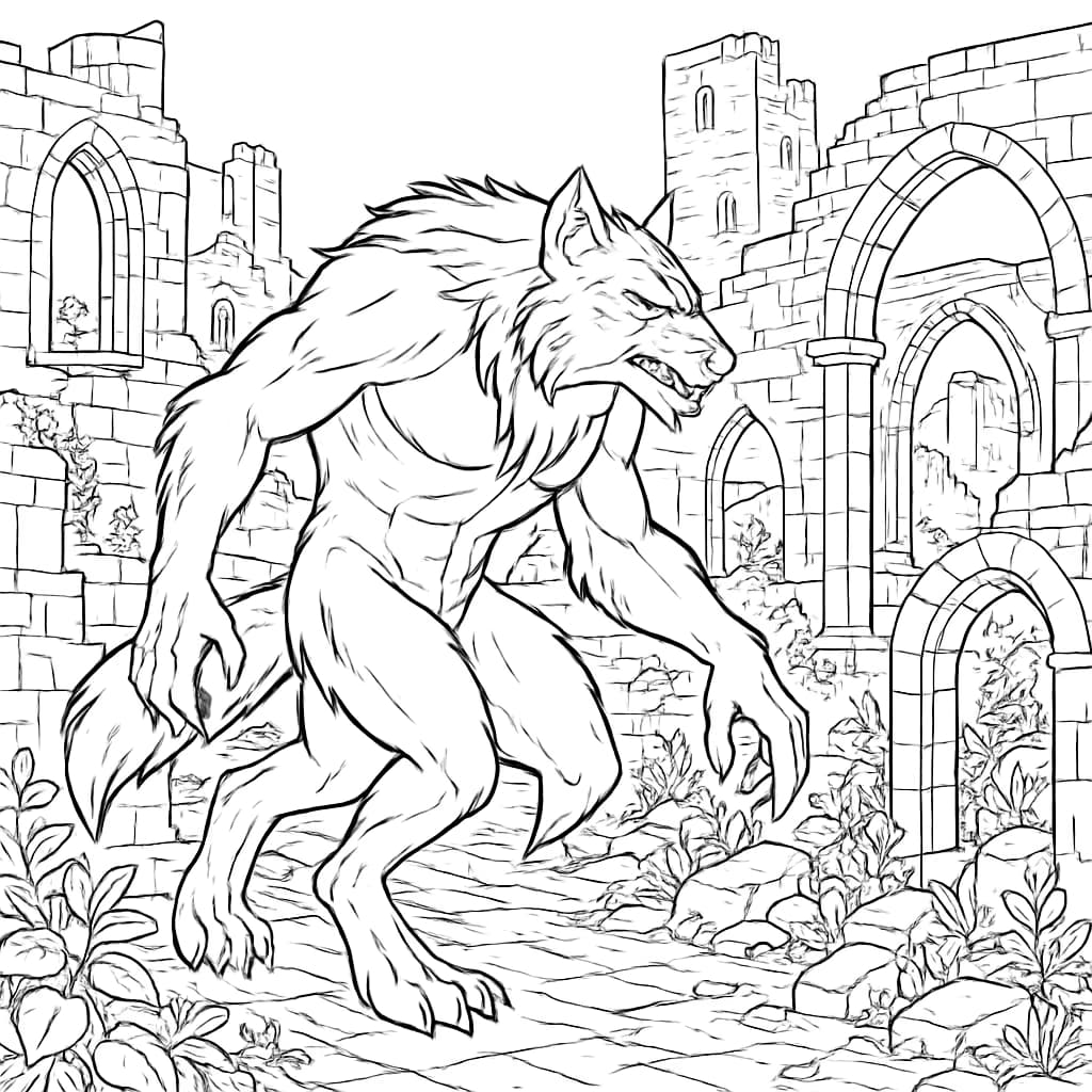 Werewolf Coloring Pages – Werewolf in Castle Ruins