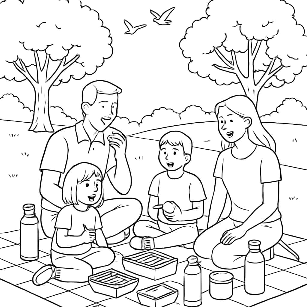 地球日涂色页:家庭野餐场景