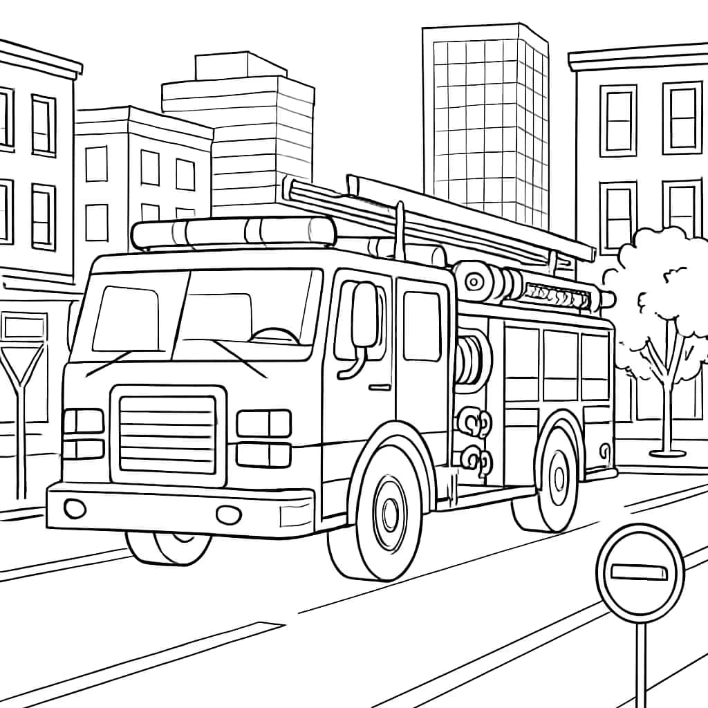 消防車ぬりえページ|都市の風景