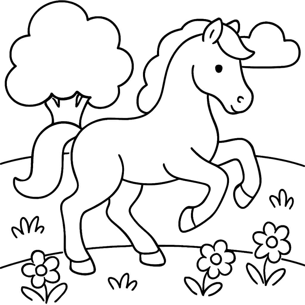 马主题涂色页|适合儿童的马在草地上嬉戏涂色页