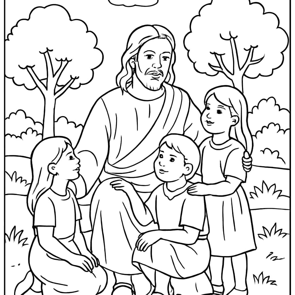 Pagine da colorare di Gesù: Gesù e i bambini