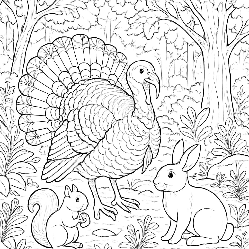 火雞涂色頁:森林動物朋友主題